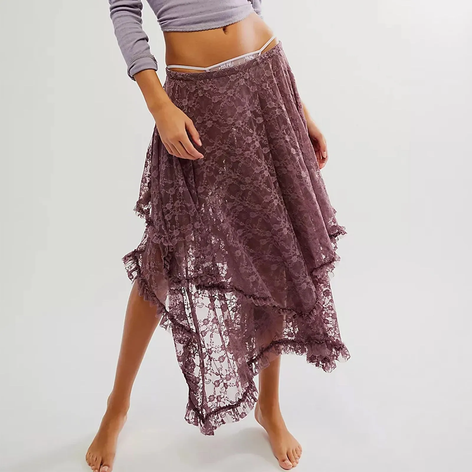 Girlary Women Lace Ruffle Courtship Half Slip Elastic Waist Asymmetrical Hemline Midi Skirts Semi Sheer Layered Maxi Skirts