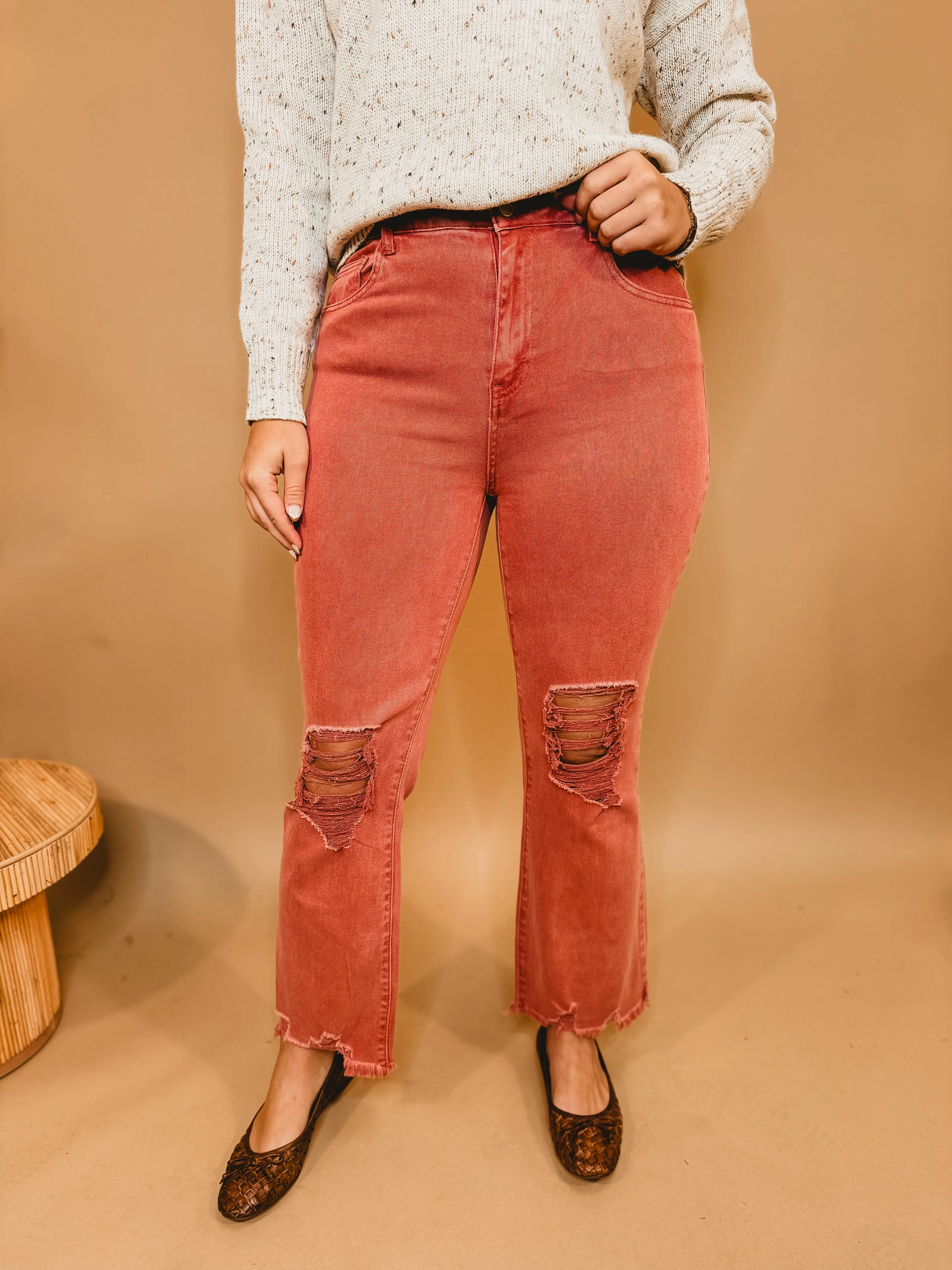 Kimmy Acid Washed High-Waisted Distressed Jeans - Cabernet
