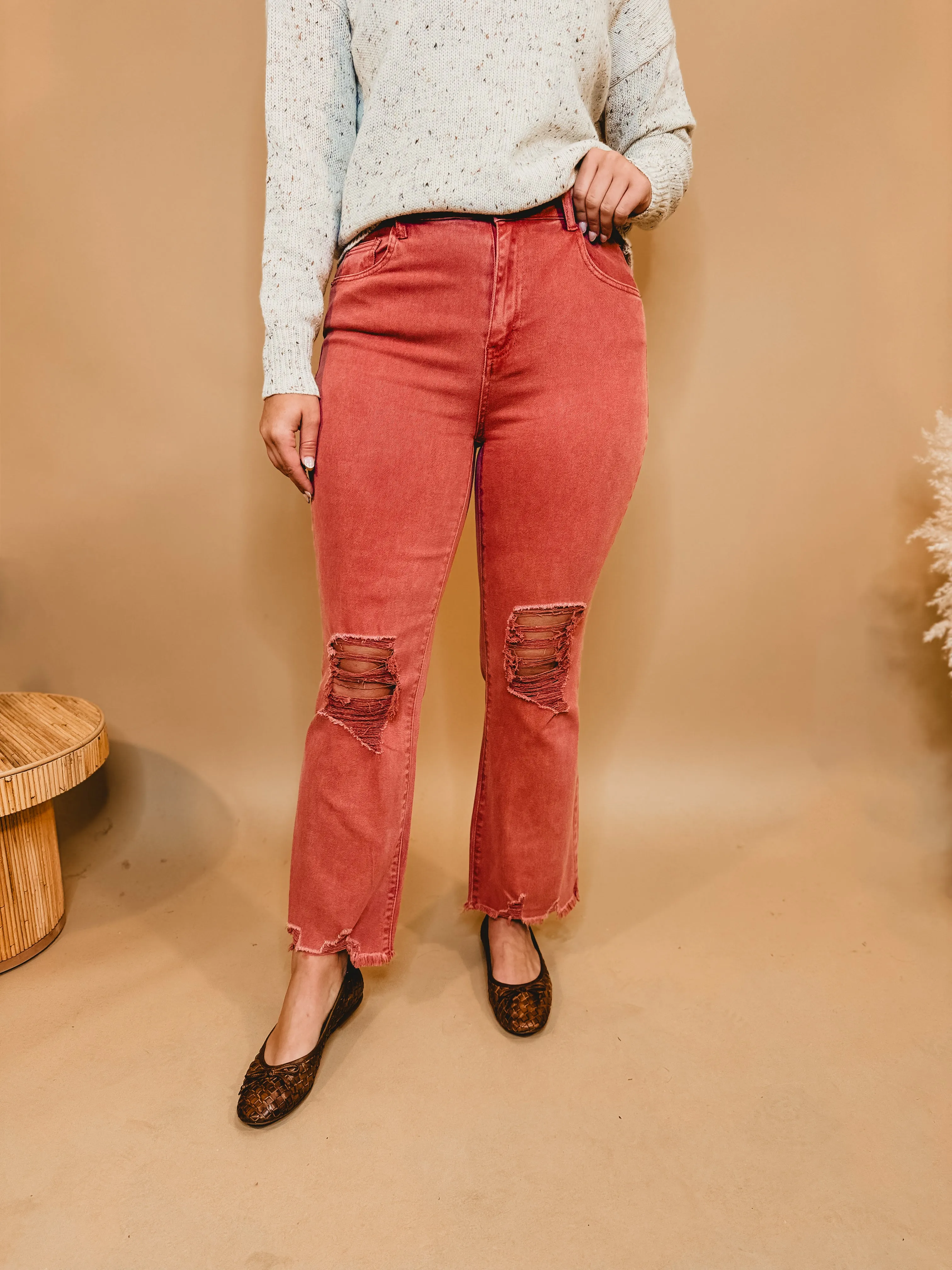 Kimmy Acid Washed High-Waisted Distressed Jeans - Cabernet
