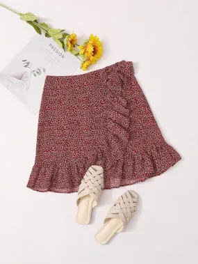 Knot Side Ruffle Hem Ditsy Floral Skirt