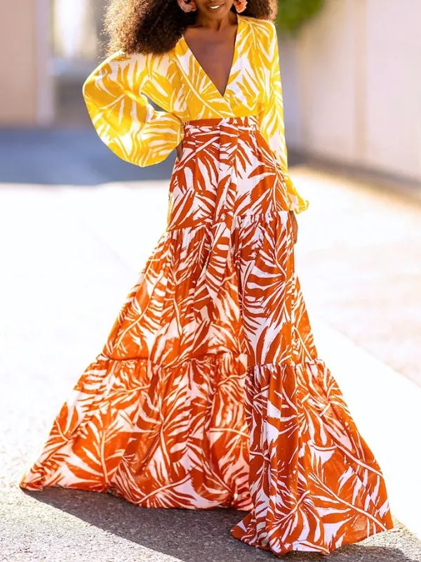 Layered Leaves Print High Waisted Loose Skirts Bottoms