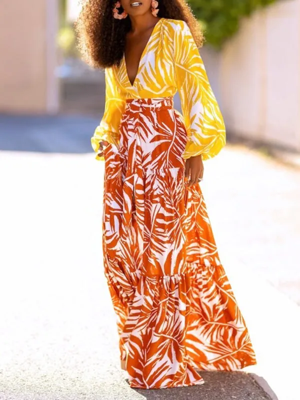 Layered Leaves Print High Waisted Loose Skirts Bottoms