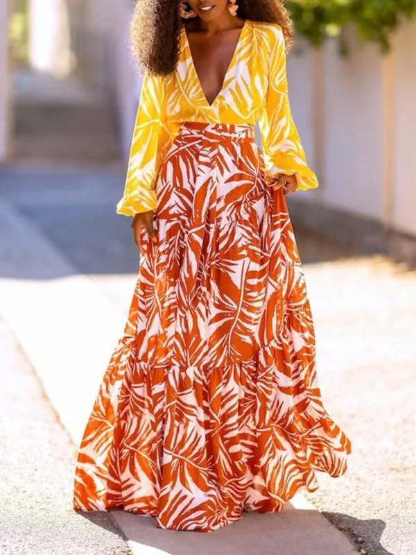 Layered Leaves Print High Waisted Loose Skirts Bottoms