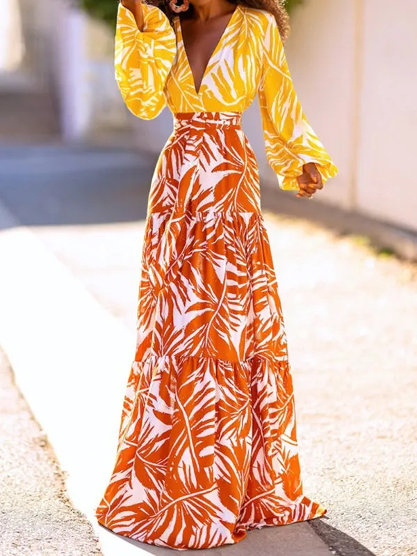 Layered Leaves Print High Waisted Loose Skirts Bottoms