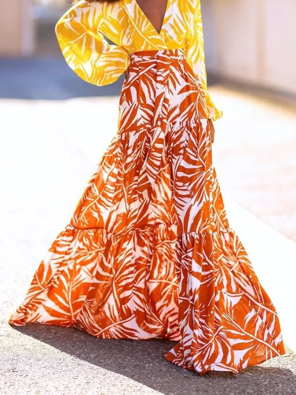 Layered Leaves Print High Waisted Loose Skirts Bottoms