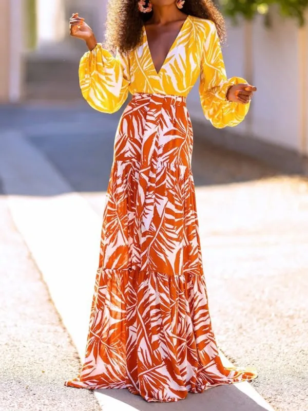 Layered Leaves Print High Waisted Loose Skirts Bottoms