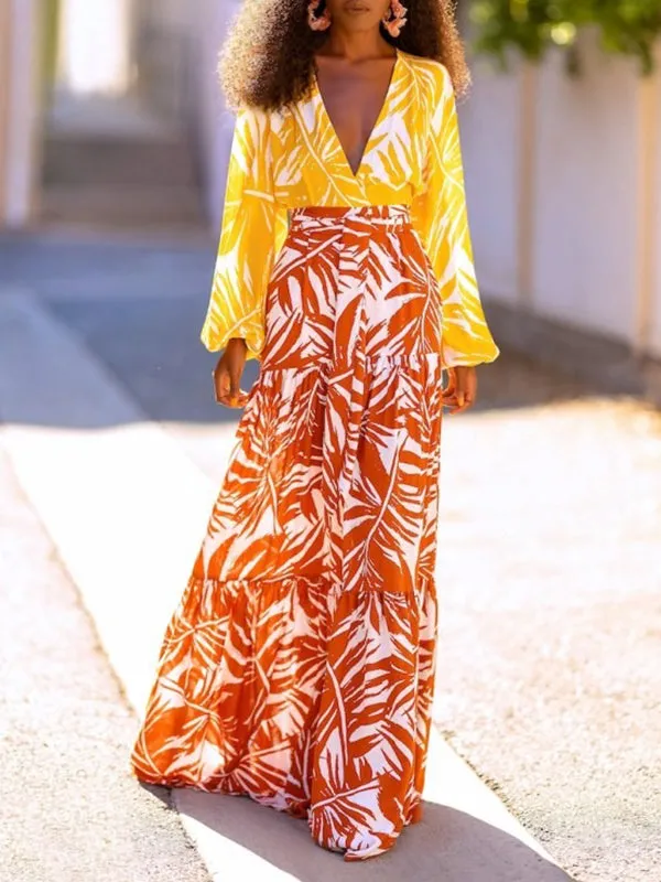 Layered Leaves Print High Waisted Loose Skirts Bottoms
