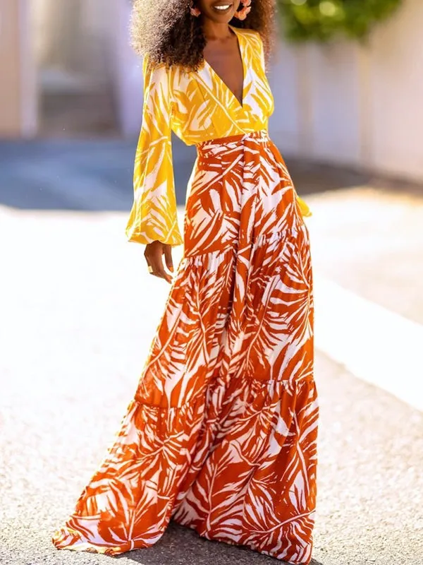 Layered Leaves Print High Waisted Loose Skirts Bottoms