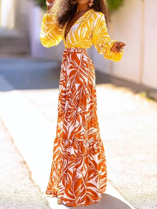Layered Leaves Print High Waisted Loose Skirts Bottoms