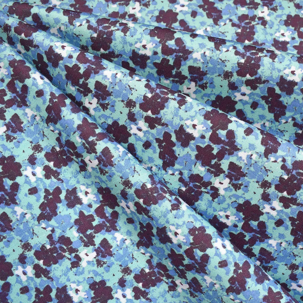 Layered Watercolor Floral Cotton Twill Aqua SY