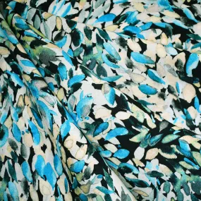 Layered Watercolor Petals Rayon Challis Black/Turquoise SY