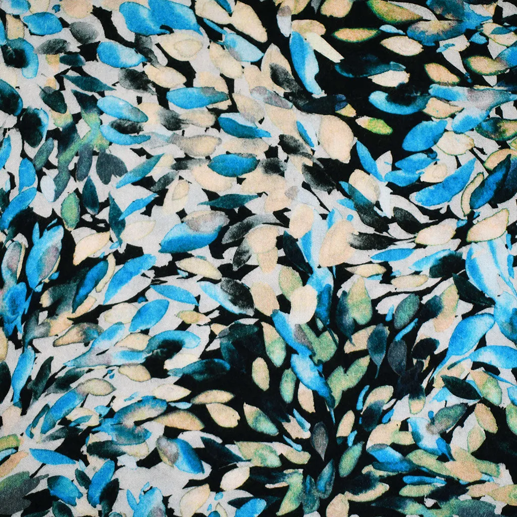 Layered Watercolor Petals Rayon Challis Black/Turquoise SY
