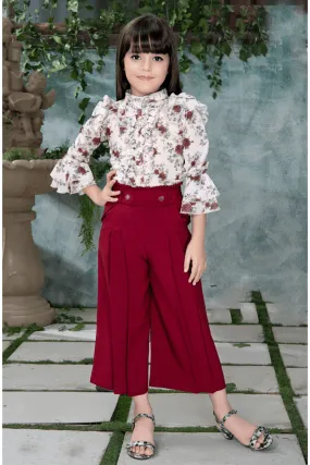 Maroon with Cream Floral Print Top with Culottes for Girls