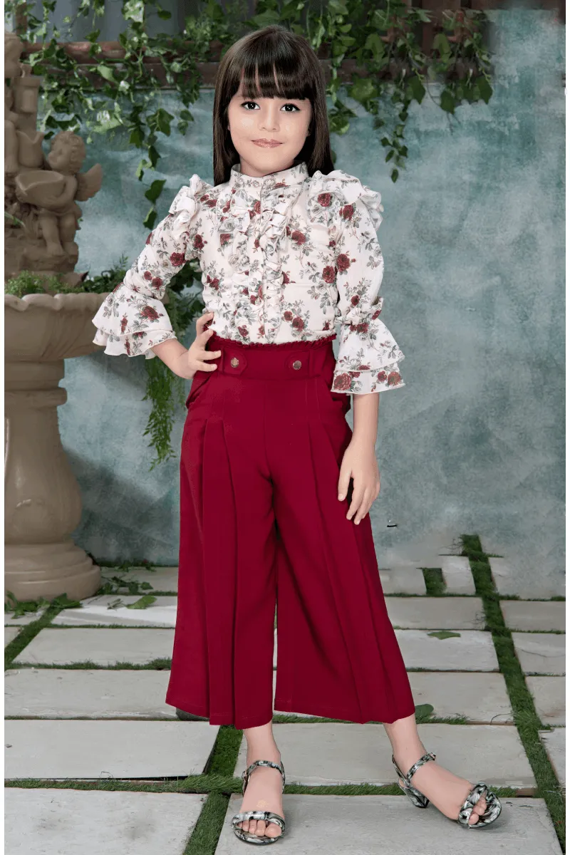 Maroon with Cream Floral Print Top with Culottes for Girls