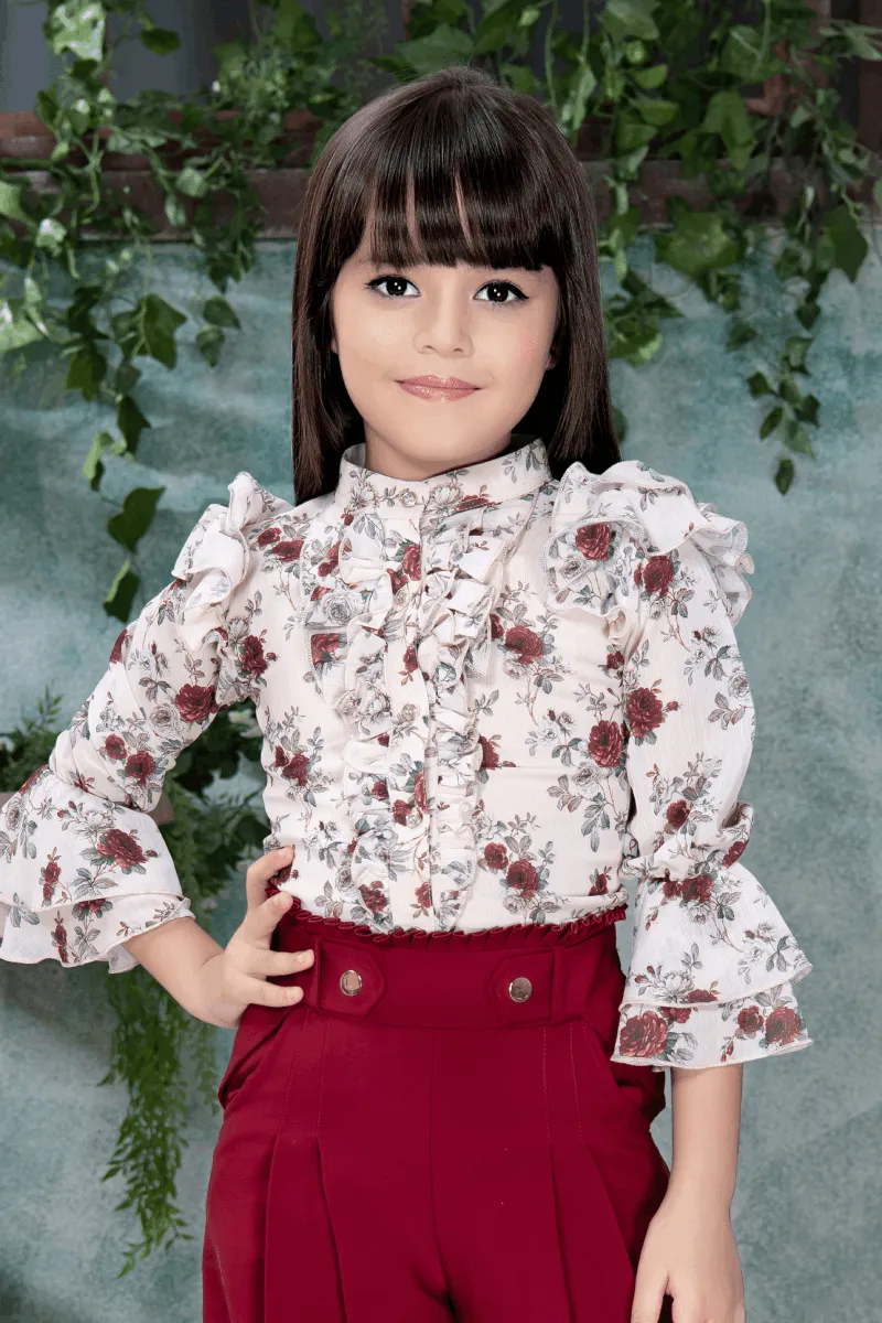 Maroon with Cream Floral Print Top with Culottes for Girls