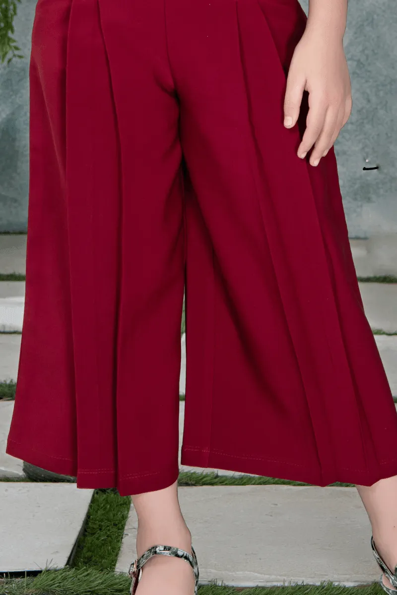 Maroon with Cream Floral Print Top with Culottes for Girls