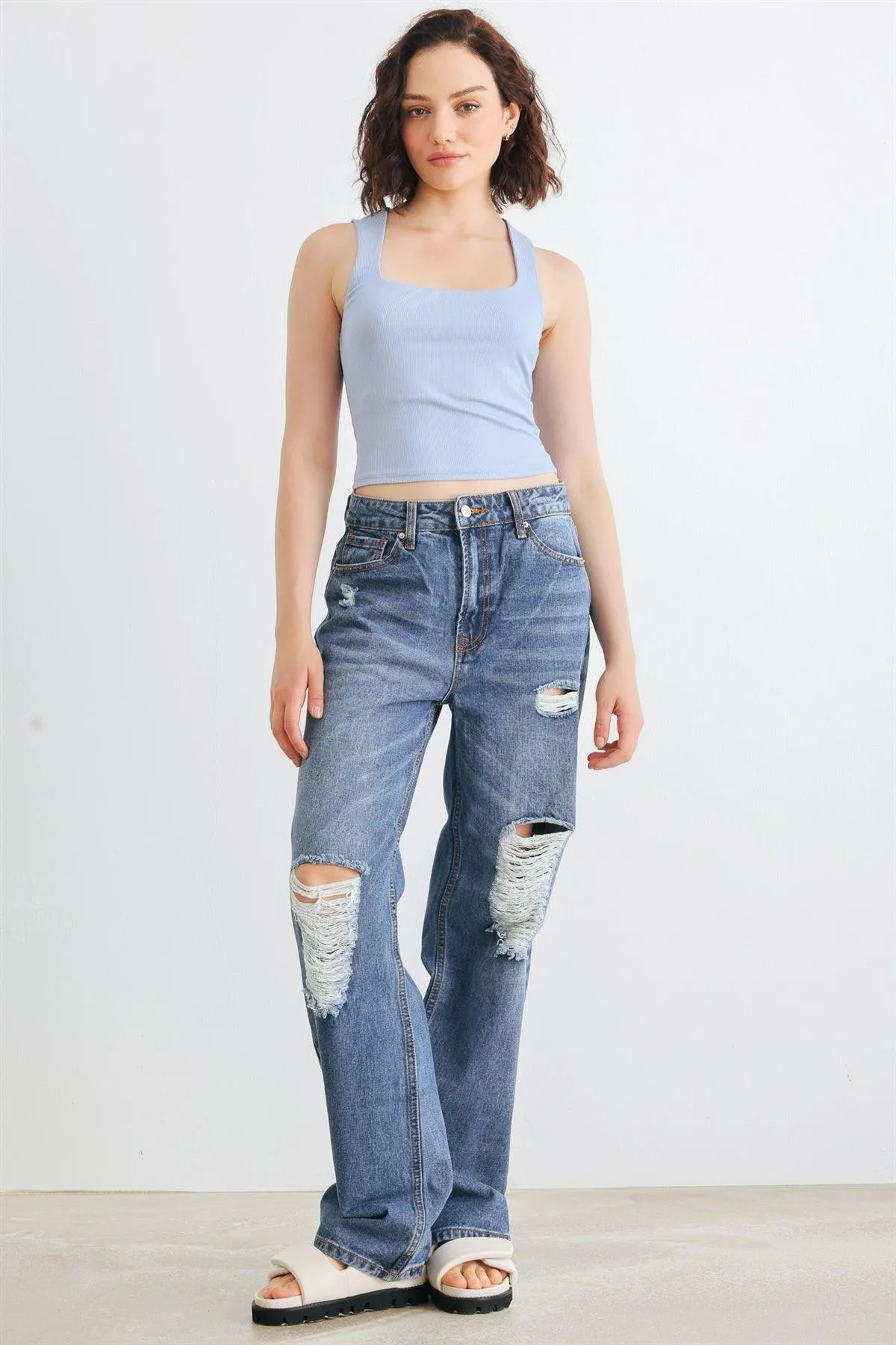 Medium Blue Denim Five Pocket Distressed High Waist Jeans
