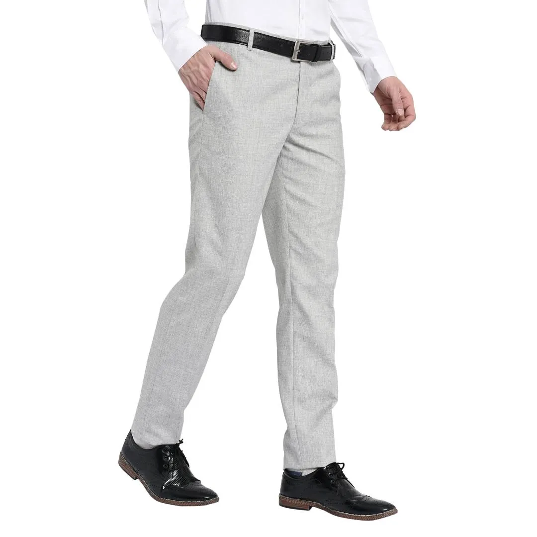 Men's Off White Polyester Blend Solid Mid-Rise Formal Trouser