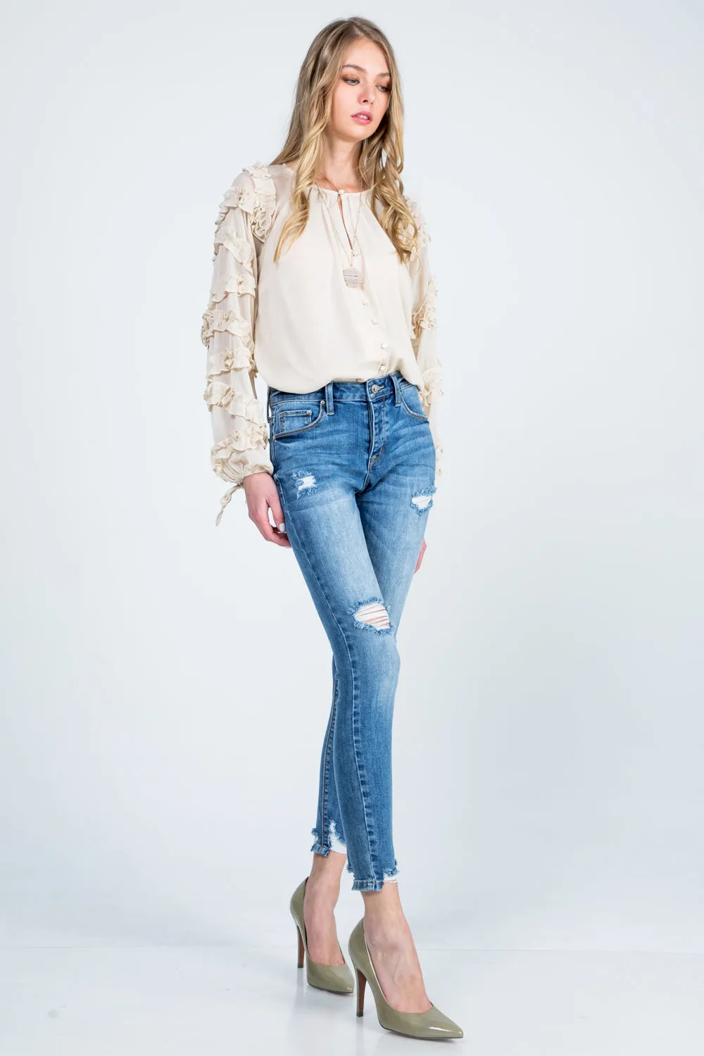 *MILA DISTRESSED MID RISE SKINNY JEANS