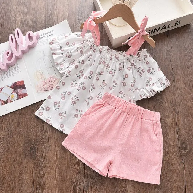 Mqtime Girls Clothing Sets Summer Kids Clothes Striped Suspender Skirt and Culottes 2PCS Set Children Clothing