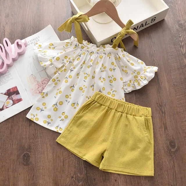 Mqtime Girls Clothing Sets Summer Kids Clothes Striped Suspender Skirt and Culottes 2PCS Set Children Clothing