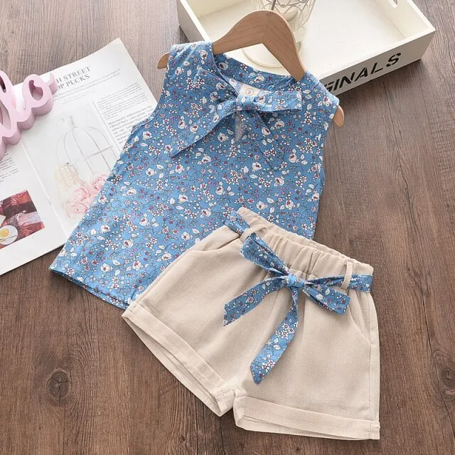 Mqtime Girls Clothing Sets Summer Kids Clothes Striped Suspender Skirt and Culottes 2PCS Set Children Clothing