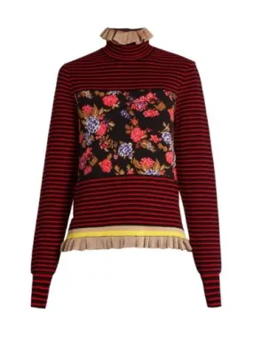 MSGM Milano 2017 Striped floral ruffled-hem sweater jumper top Sz XS Ladies