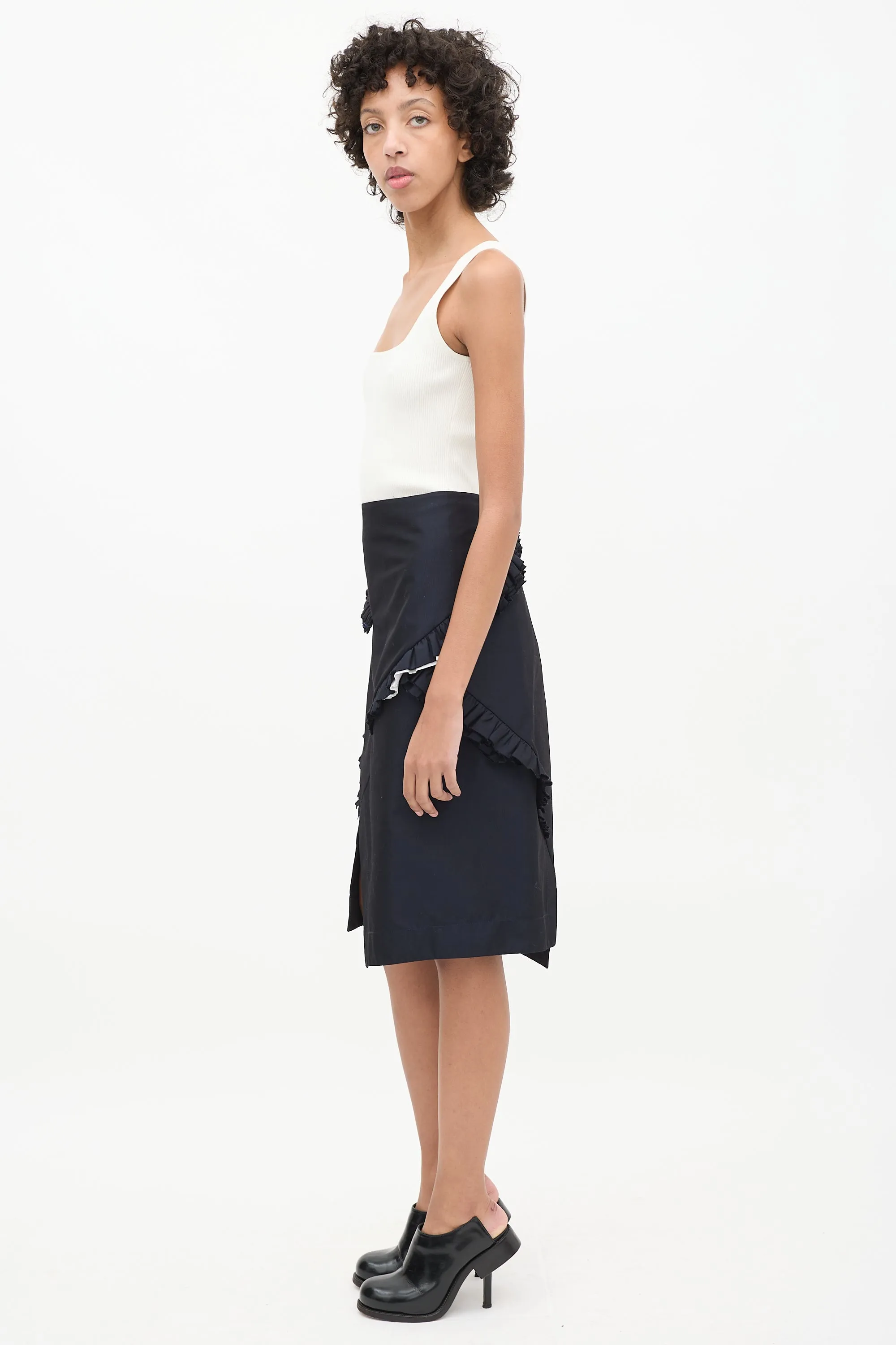 Navy Wool Panelled Ruffle Skirt