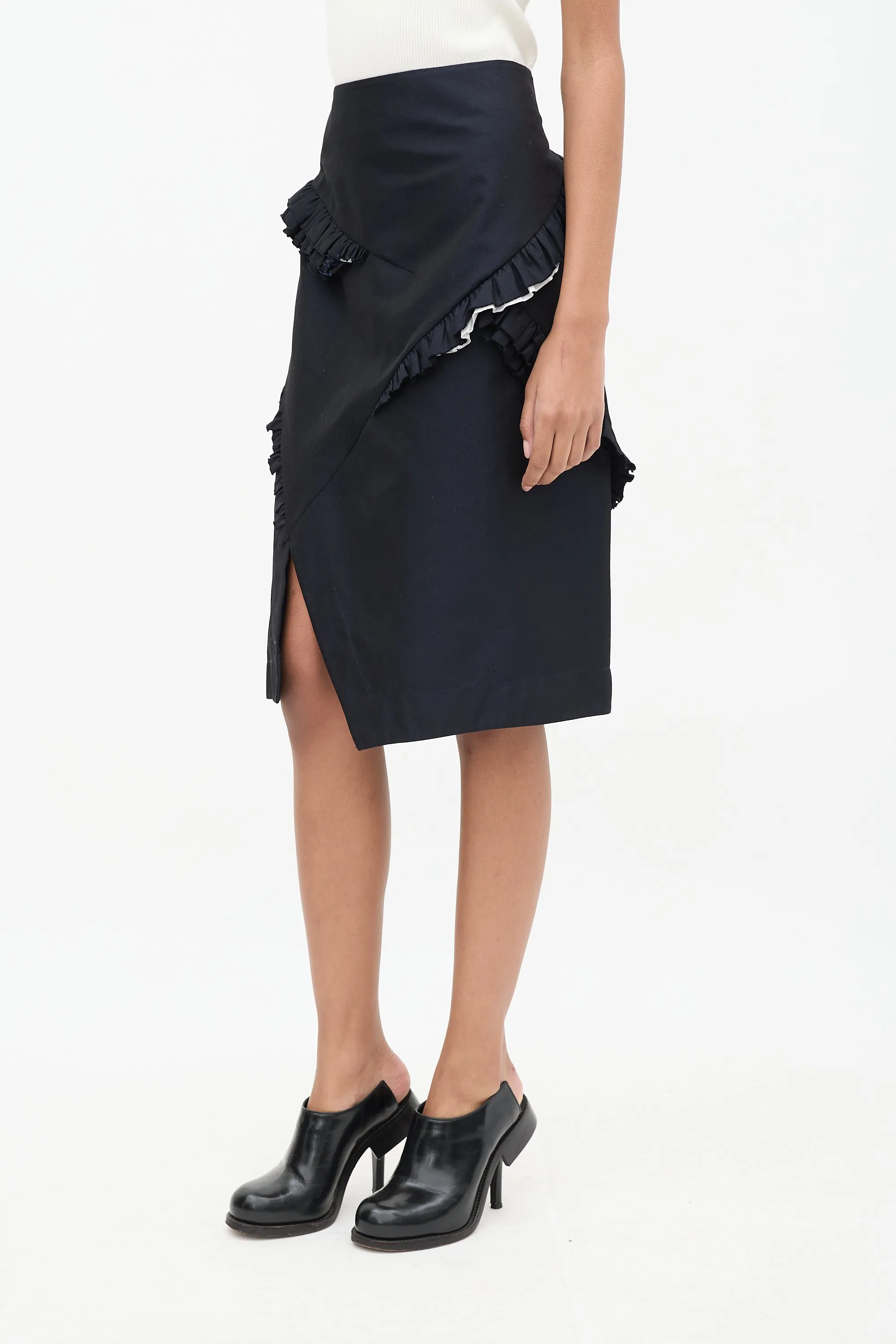 Navy Wool Panelled Ruffle Skirt