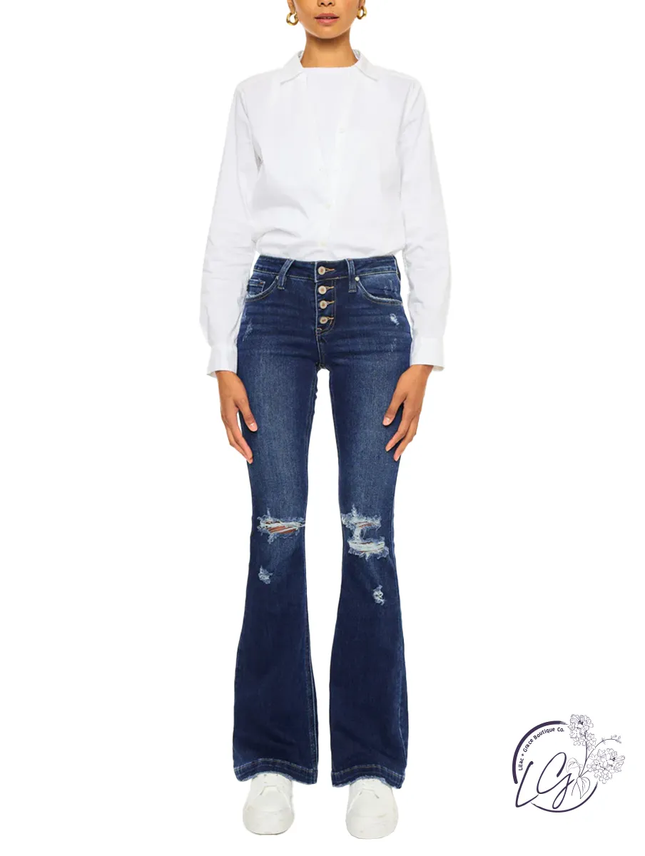 Nola Mid-Rise Button Fly Distressed Flare Jean by KanCan