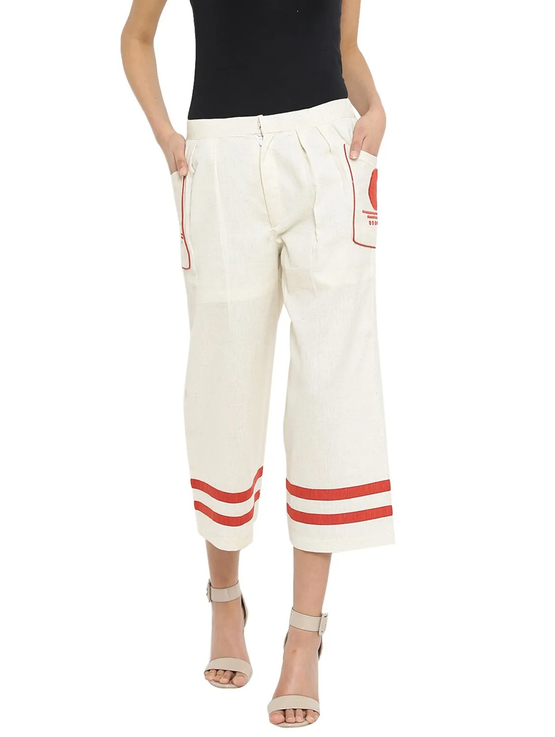 Off White Handloom Culottes With  Bindi Patch Pocket