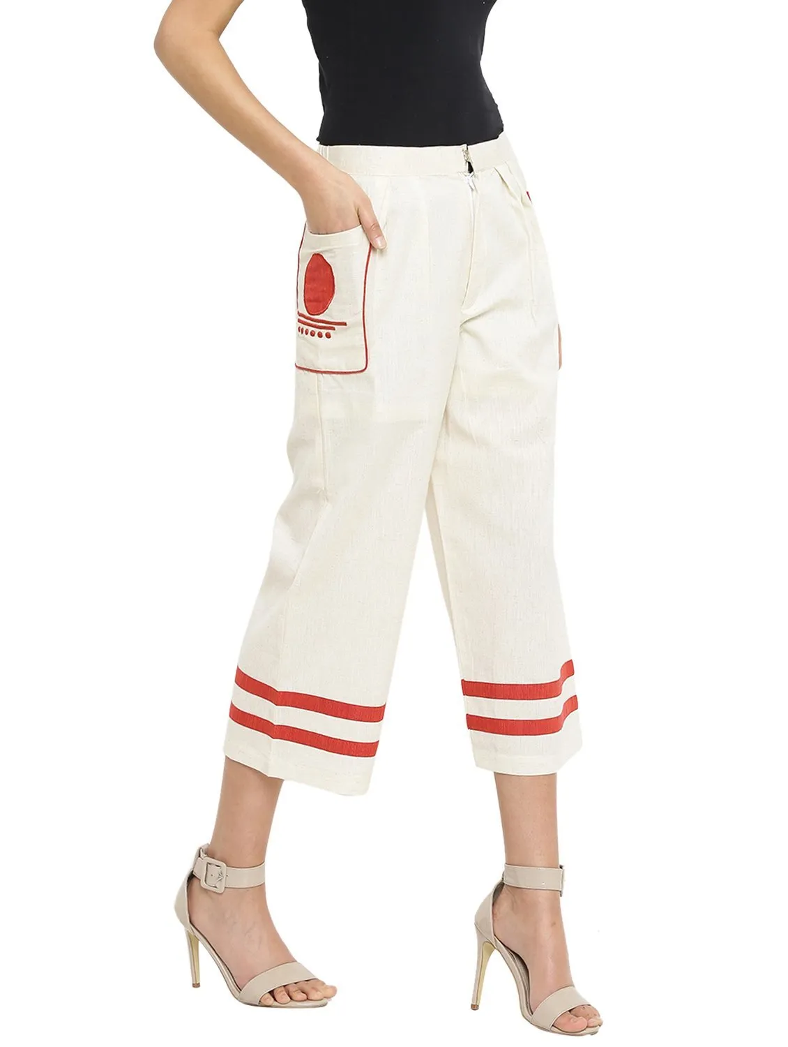 Off White Handloom Culottes With  Bindi Patch Pocket
