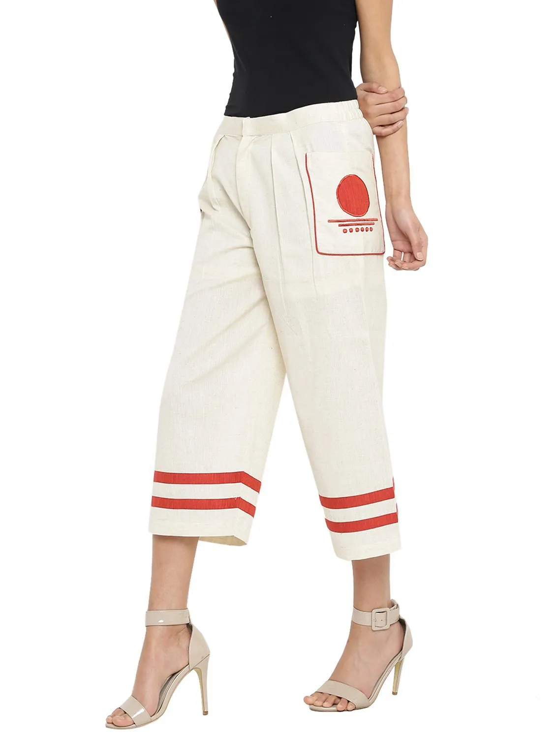 Off White Handloom Culottes With  Bindi Patch Pocket