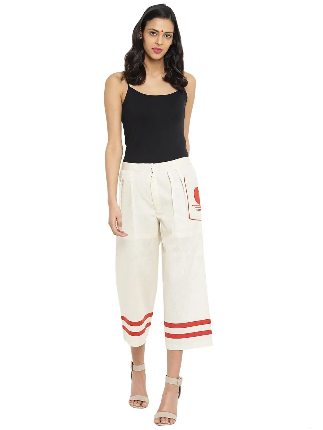 Off White Handloom Culottes With  Bindi Patch Pocket