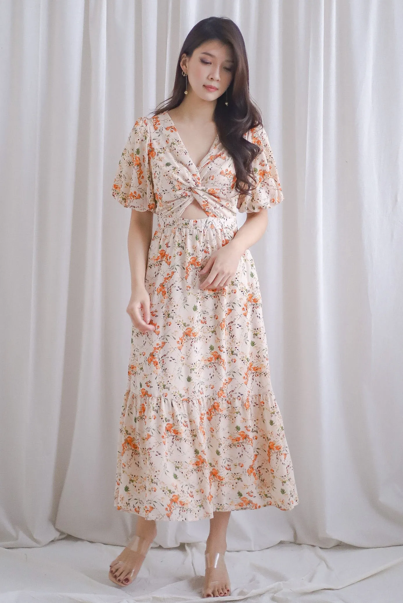 Penrose Twist Knot Cut Out Maxi Dress In Orange Floral