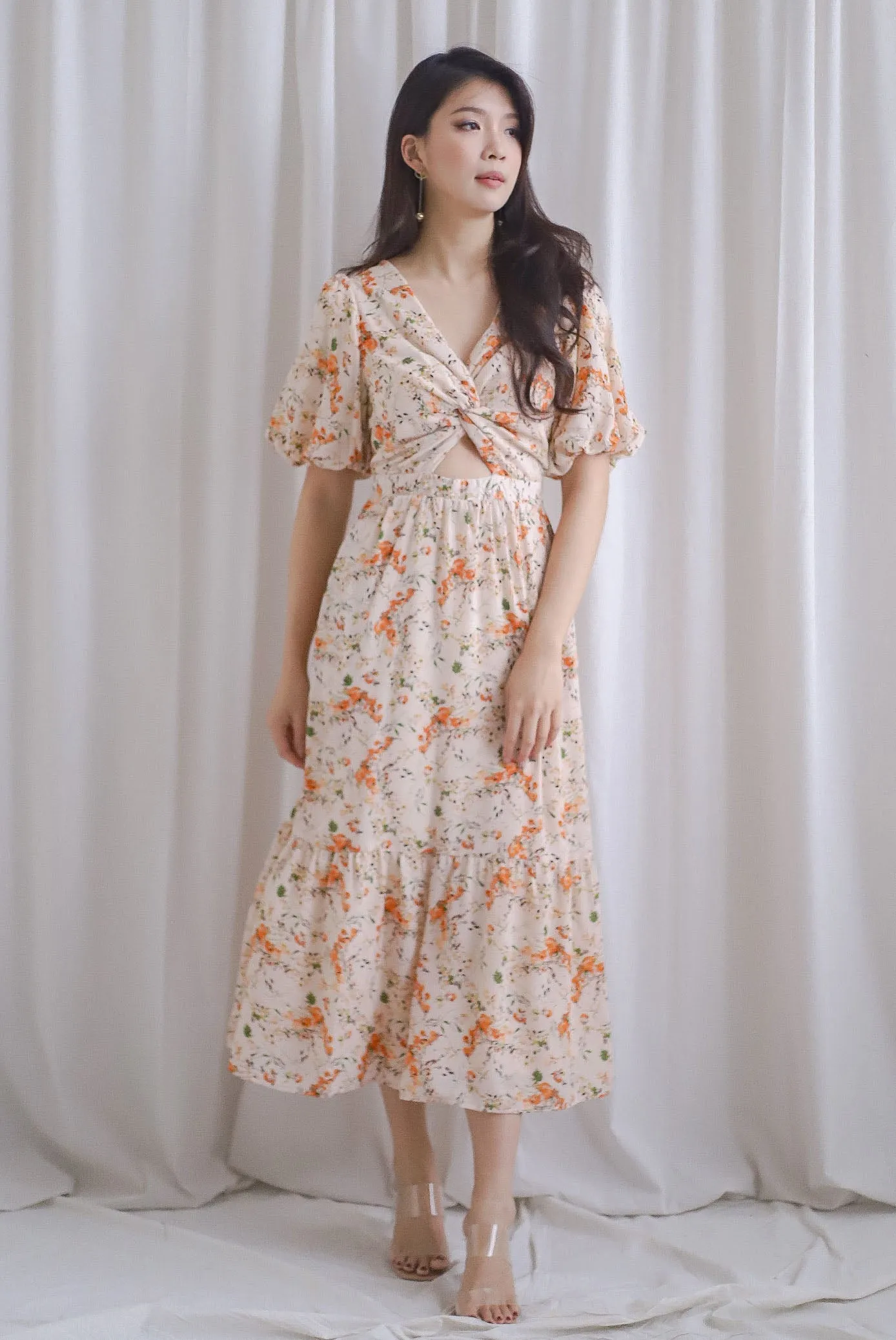 Penrose Twist Knot Cut Out Maxi Dress In Orange Floral