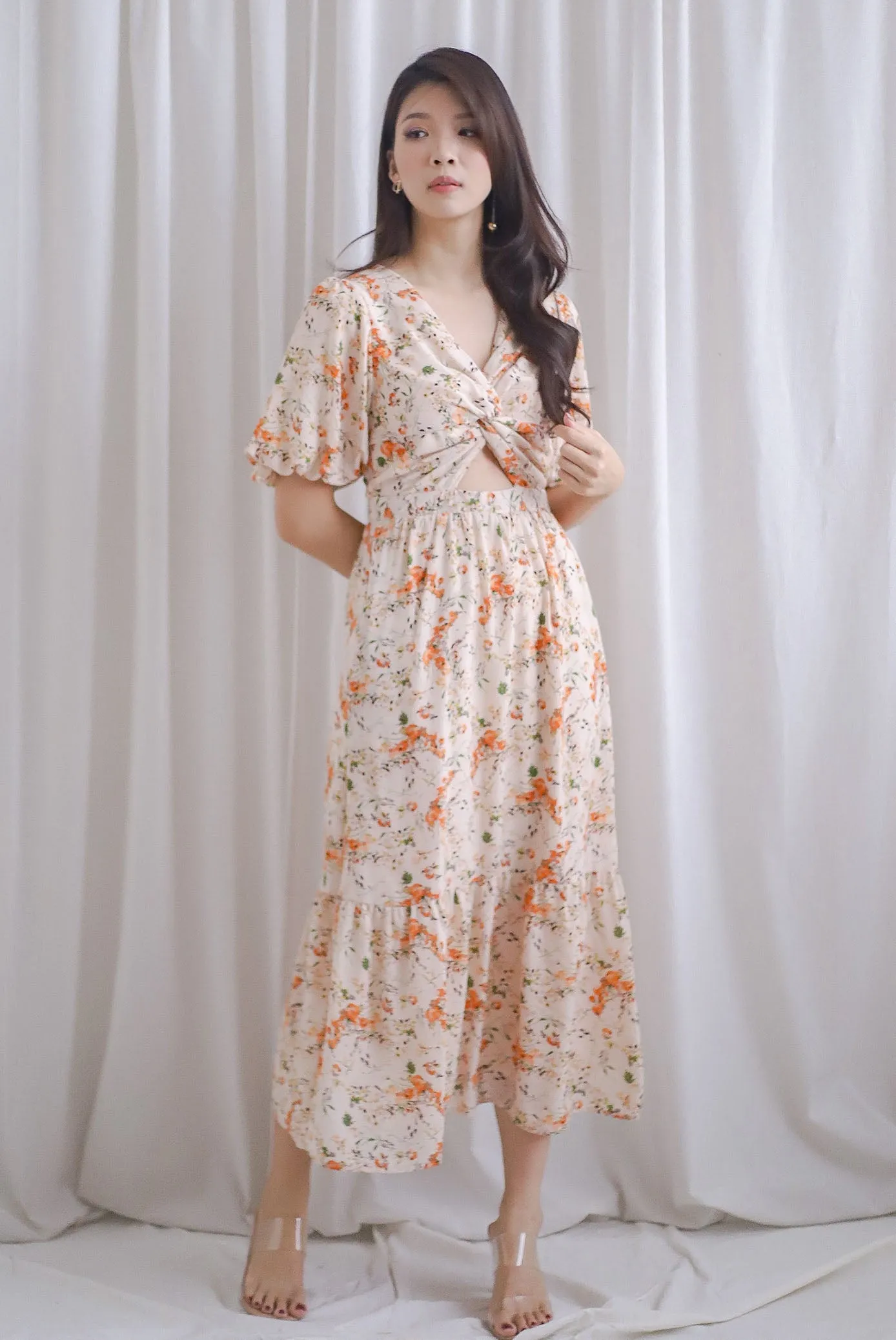 Penrose Twist Knot Cut Out Maxi Dress In Orange Floral