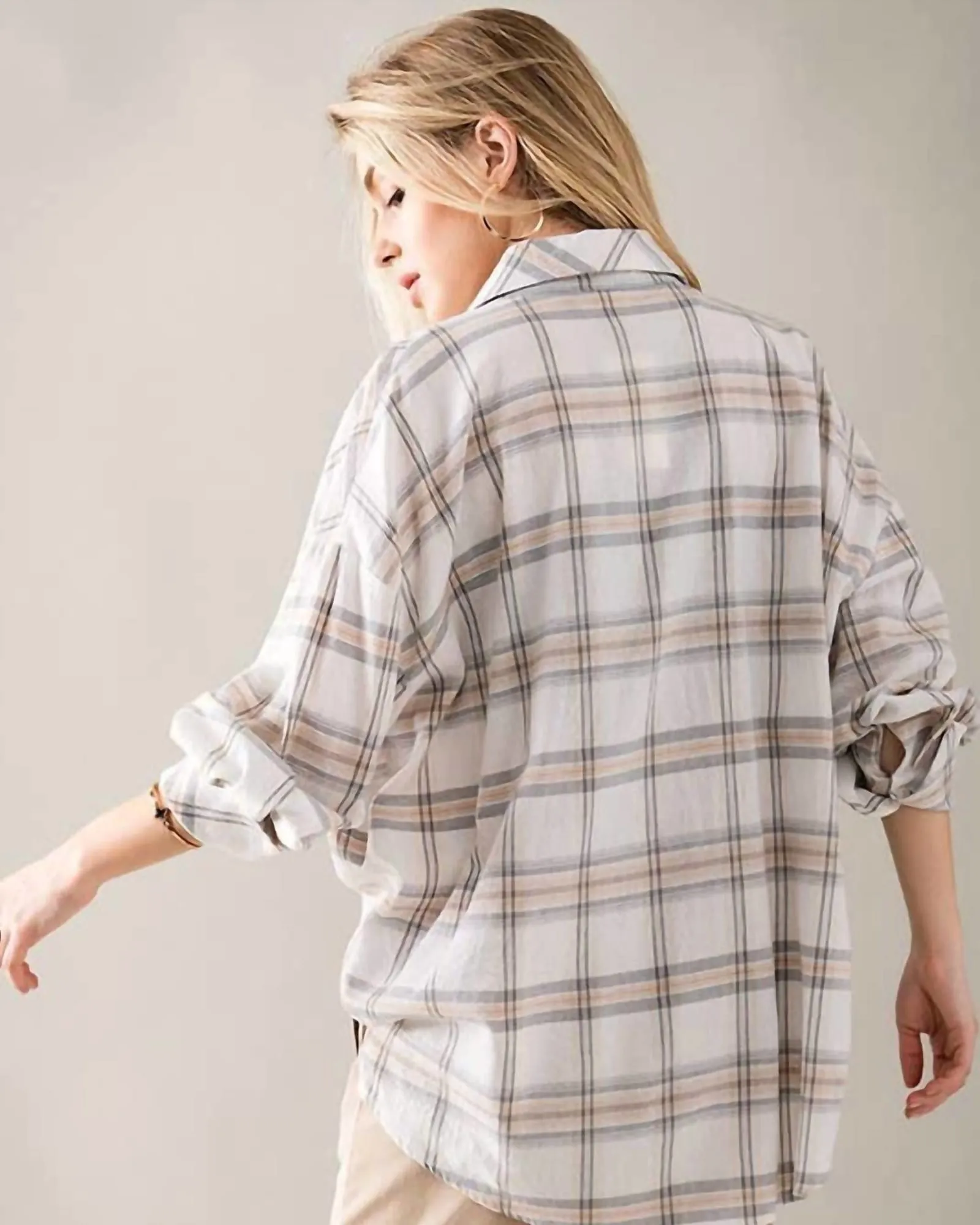 Plaid Drop Shoulder Button Up Top in White | White