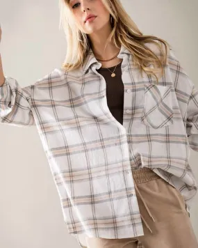 Plaid Drop Shoulder Button Up Top in White | White