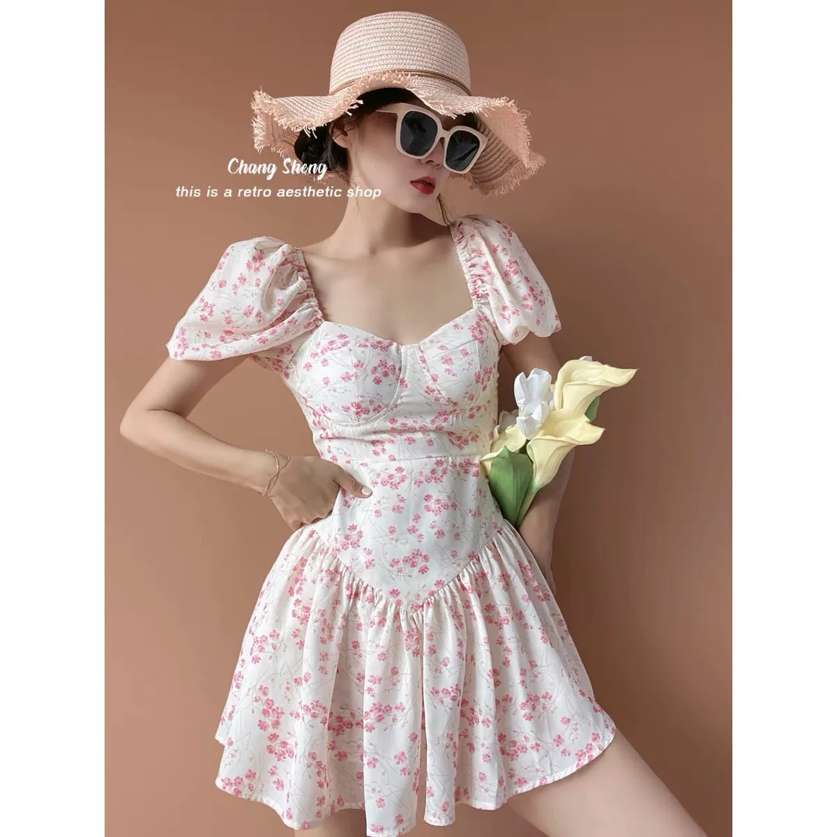 (Pre-Order)Peach Blossoms Floral Dress Sweet Babes Sexy Corset Waist Floral Culottes