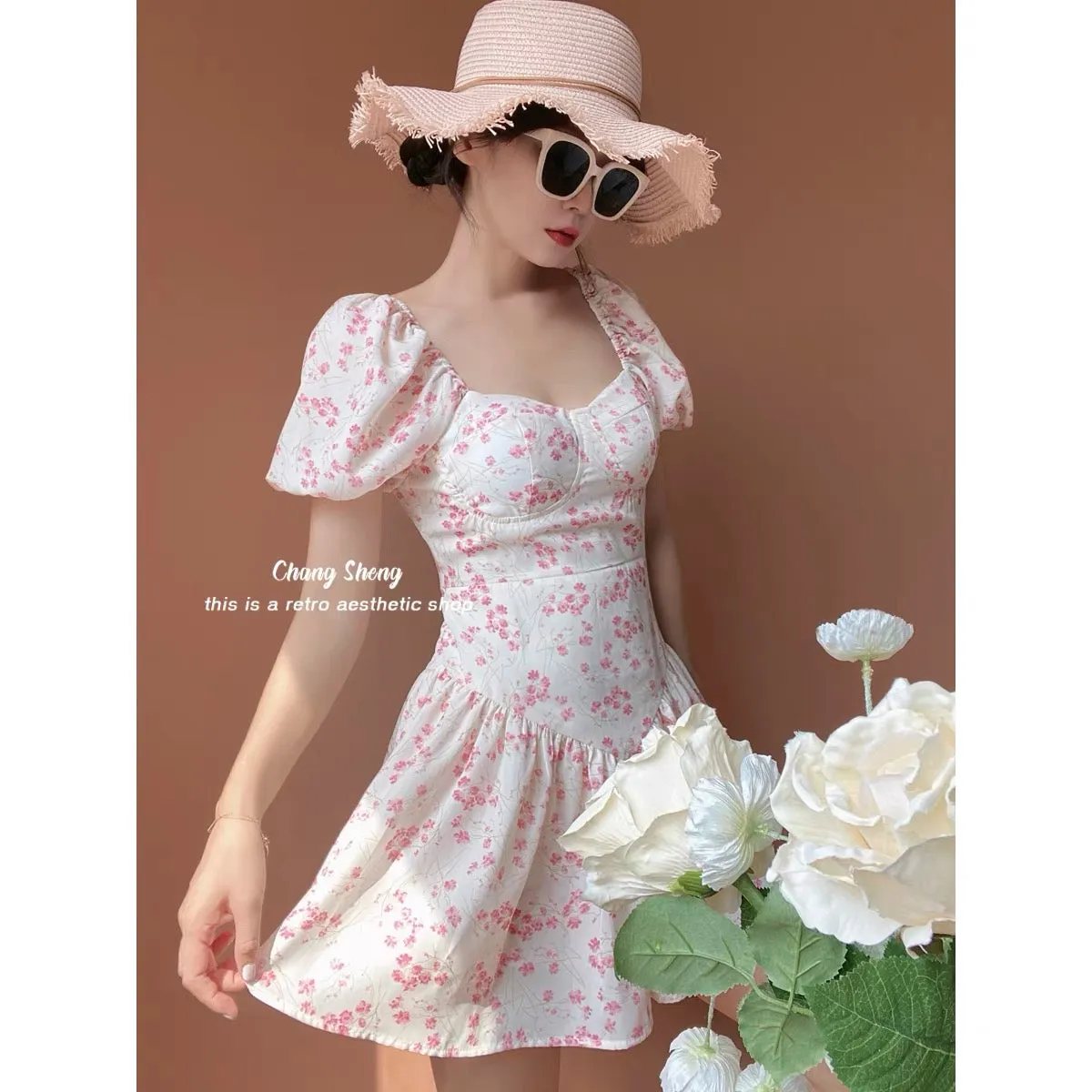 (Pre-Order)Peach Blossoms Floral Dress Sweet Babes Sexy Corset Waist Floral Culottes