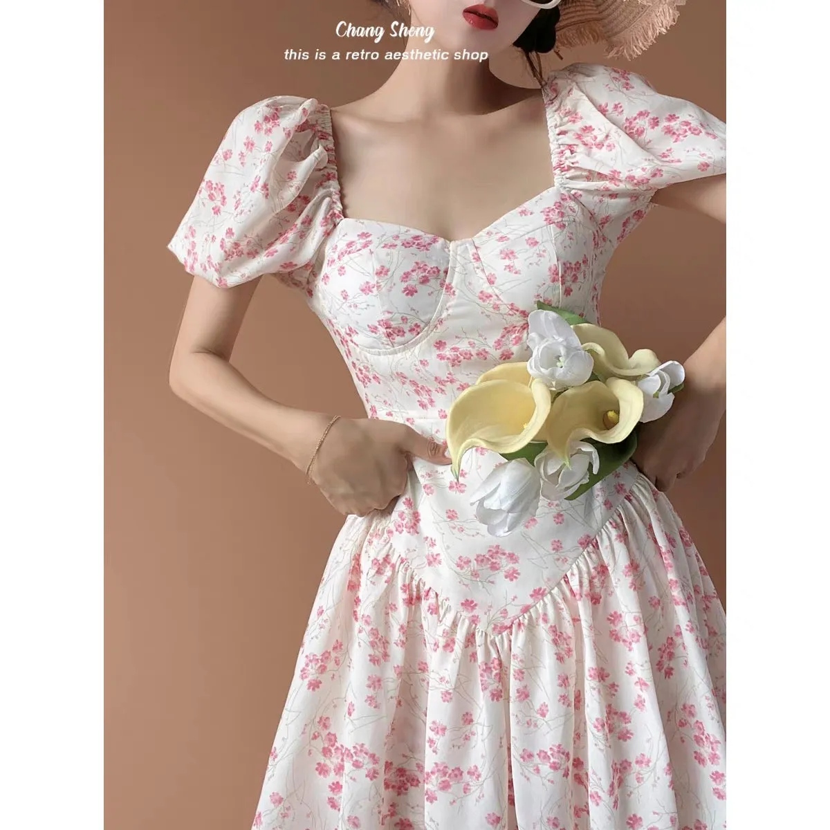 (Pre-Order)Peach Blossoms Floral Dress Sweet Babes Sexy Corset Waist Floral Culottes