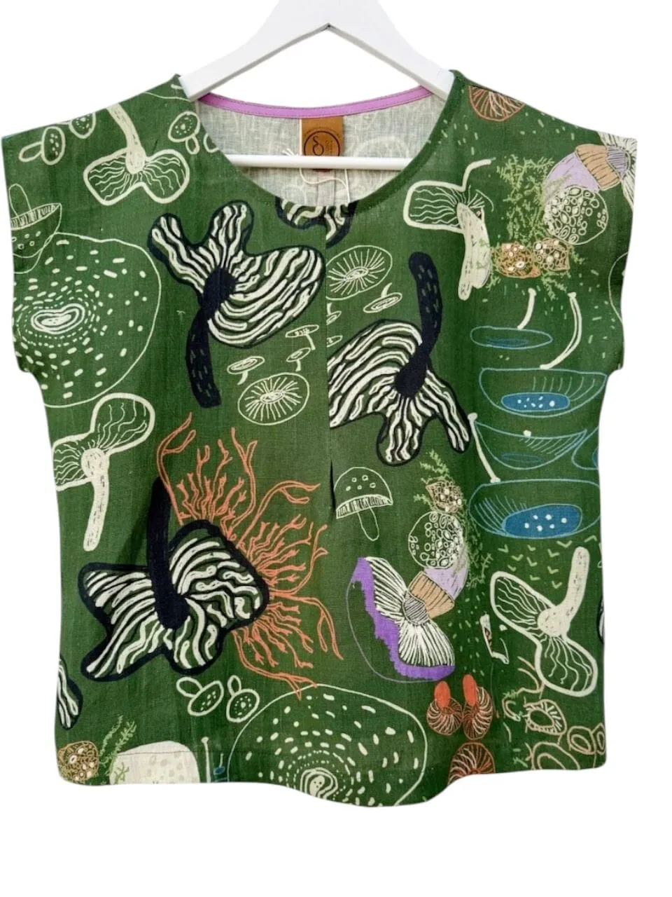 Pure Linen Mini Pleat Top - Tassie Fungi