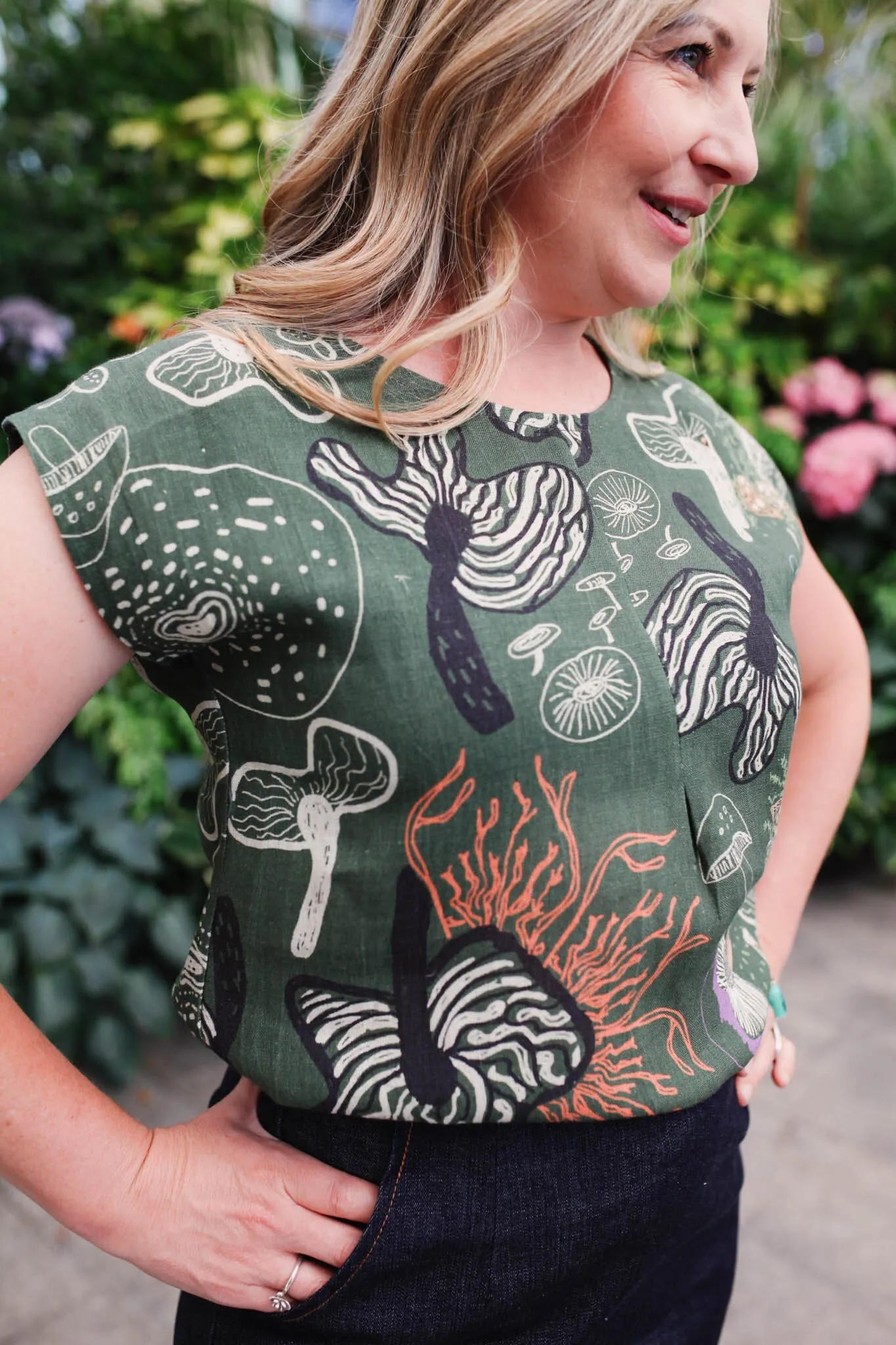 Pure Linen Mini Pleat Top - Tassie Fungi