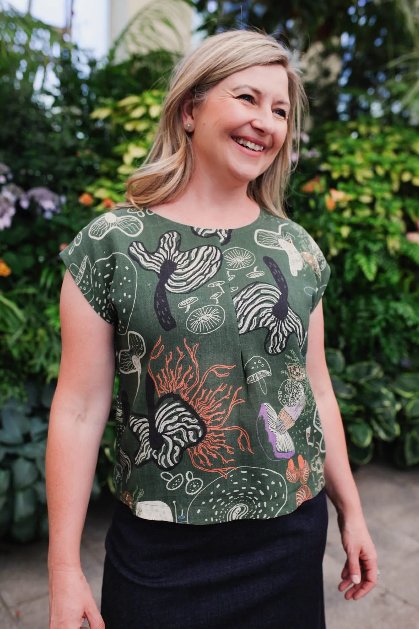 Pure Linen Mini Pleat Top - Tassie Fungi