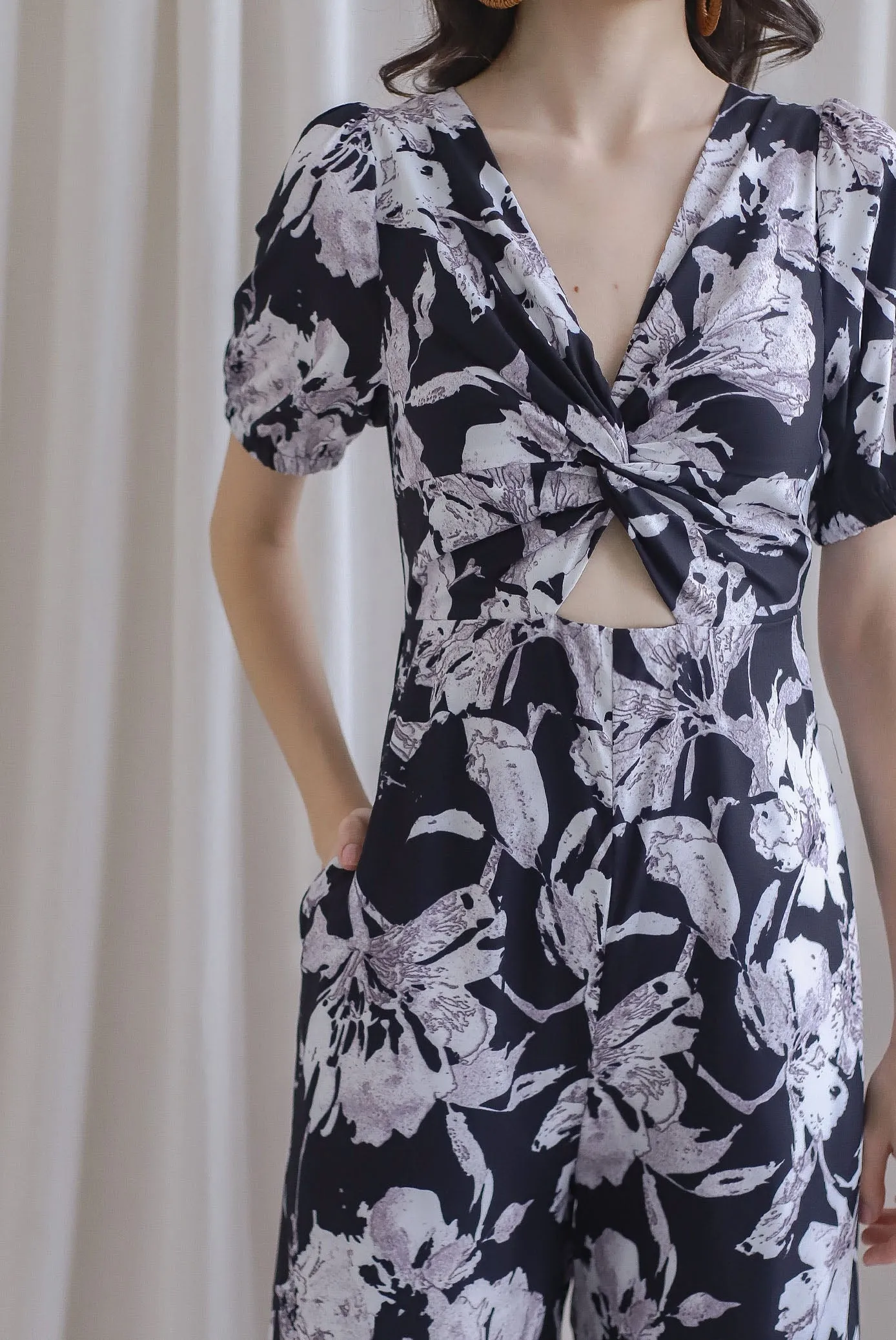 Reeve Twist Knot Cut Out Jumpsuit In Black Floral