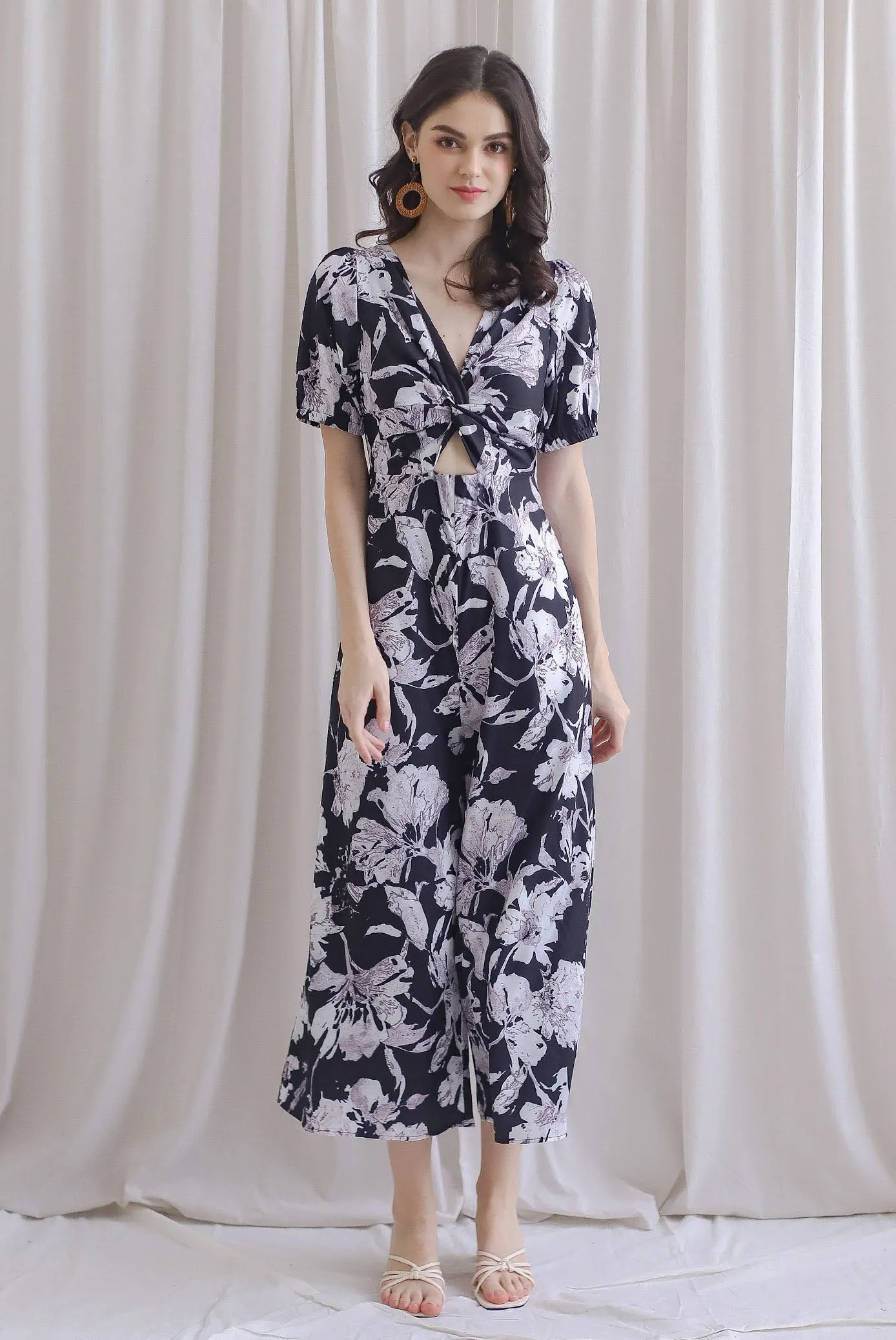 Reeve Twist Knot Cut Out Jumpsuit In Black Floral