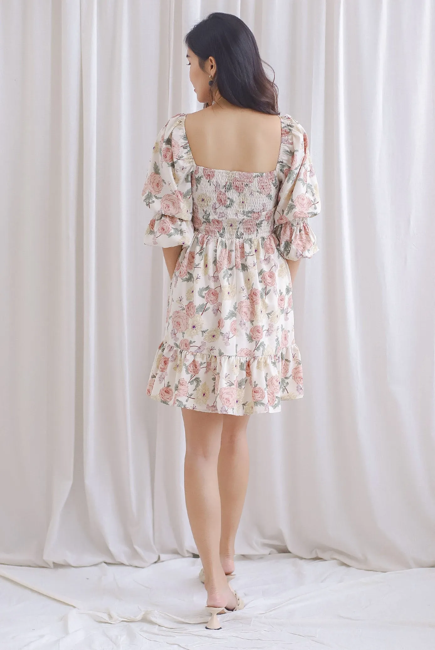 *Restocked* TDC Yumi Tiered Puffy Sleeve Dress In Cream Floral