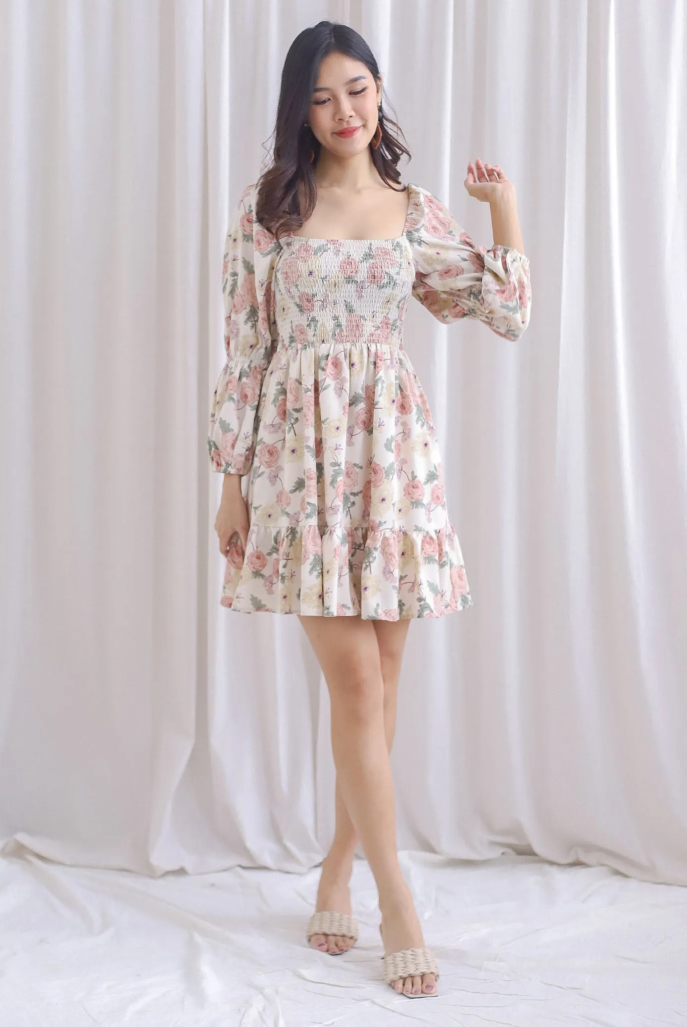 *Restocked* TDC Yumi Tiered Puffy Sleeve Dress In Cream Floral