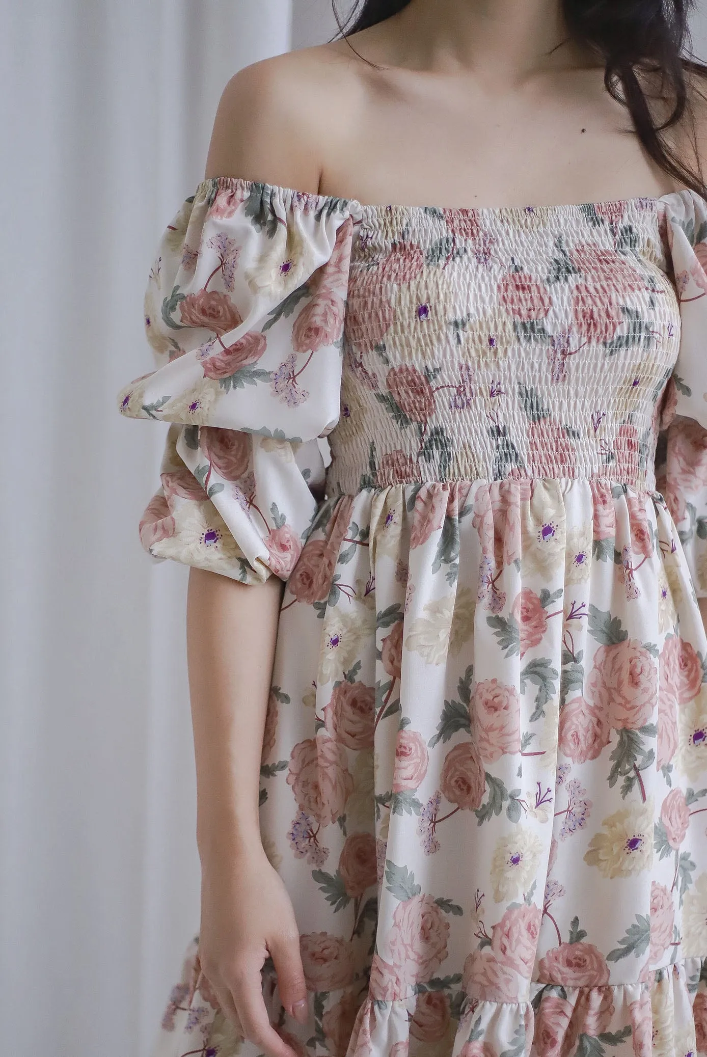 *Restocked* TDC Yumi Tiered Puffy Sleeve Dress In Cream Floral